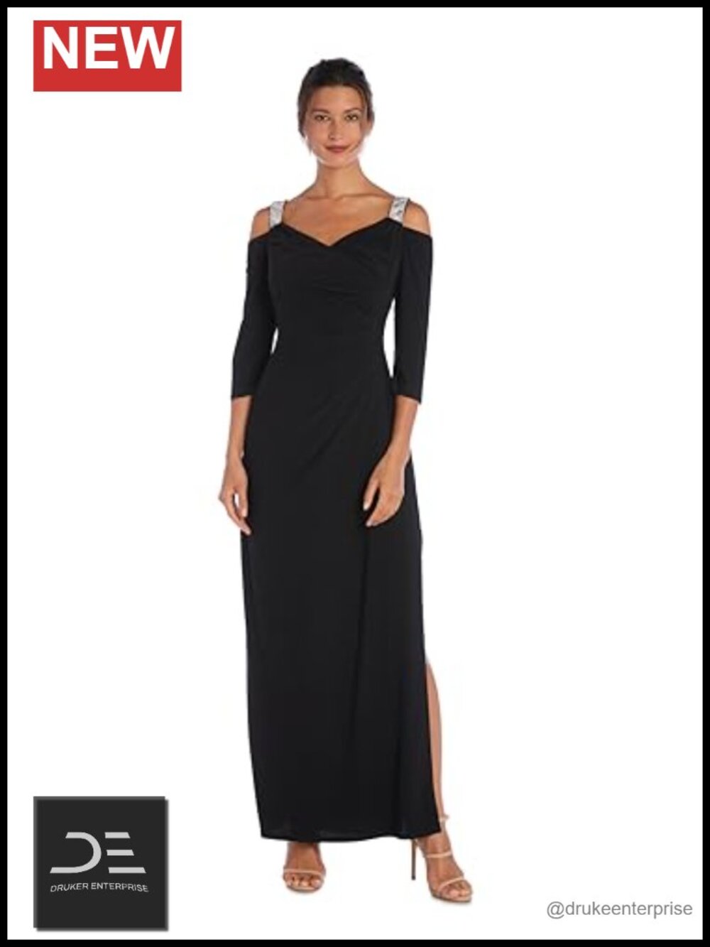 Women's Rhinestone Off Shoulder Evening Dress with Slit